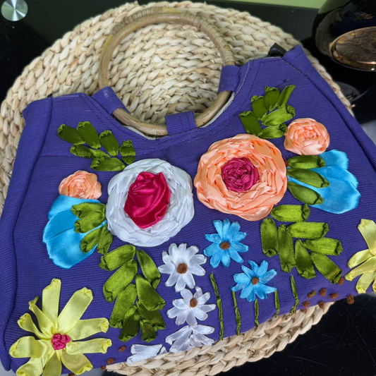 Handmade Floral Embroidered Jute Tote – Eco-Friendly Lightweight Bag with Bamboo Handle
