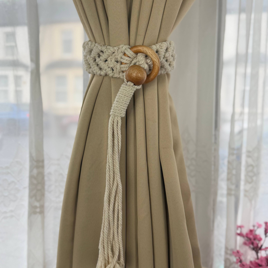 Handcrafted Boho Macramé Curtain Tiebacks | Natural Cotton with Wooden Accent | Eco-Friendly Home Decor | Free UK Shipping