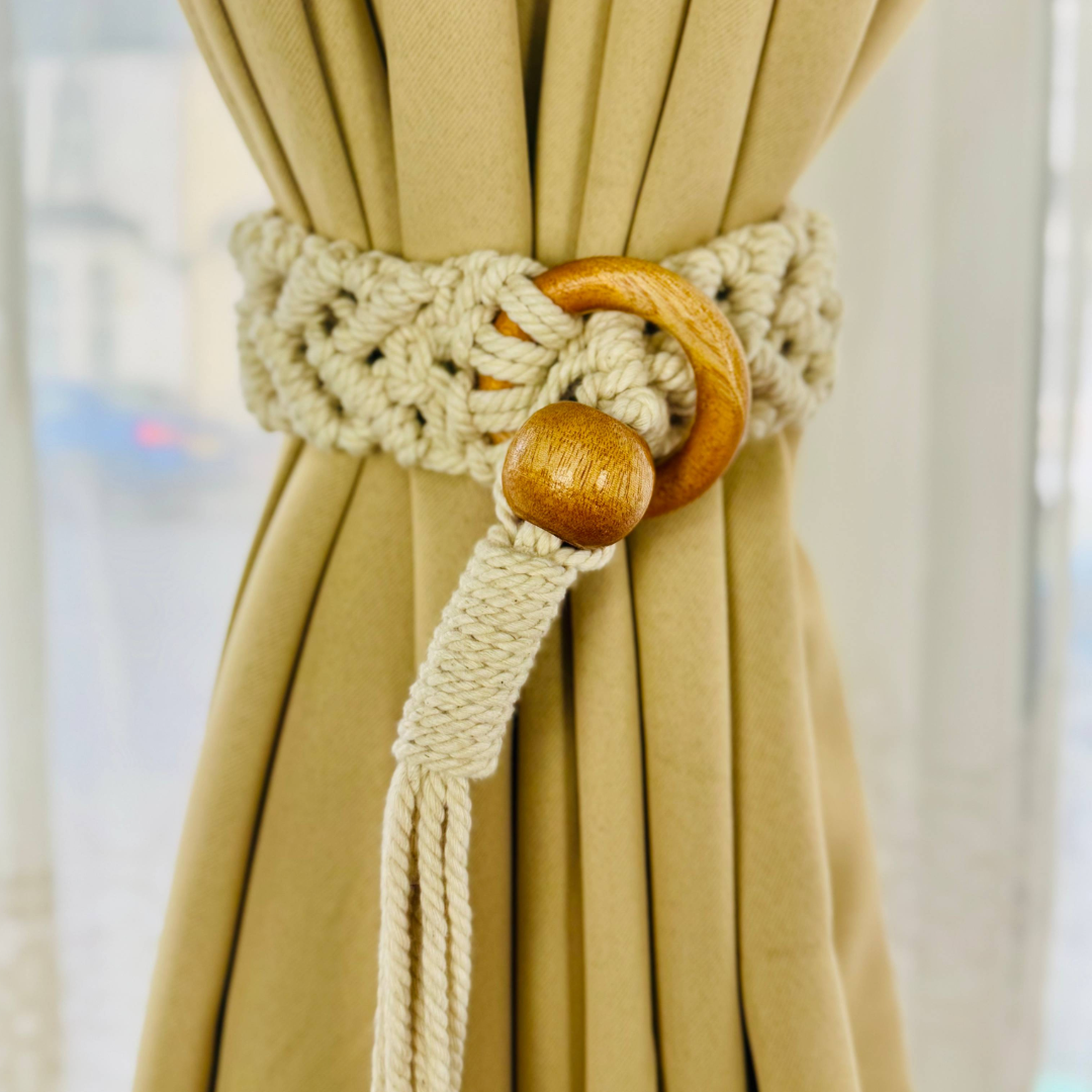 Handcrafted Boho Macramé Curtain Tiebacks | Natural Cotton with Wooden Accent | Eco-Friendly Home Decor | Free UK Shipping