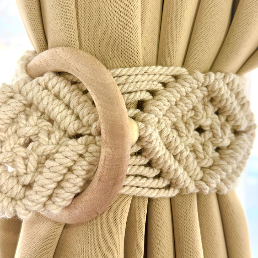 Boho Macramé Curtain Tiebacks | Handmade Cotton Rope with Wooden Beads | Eco-Friendly Window Decor