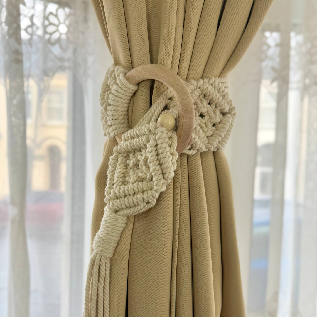 Boho Macramé Curtain Tiebacks | Handmade Cotton Rope with Wooden Beads | Eco-Friendly Window Decor